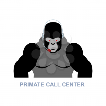 Primate call center. Monkey and headset. Gorilla responds to phone calls. Customer service from back support. Wild animal in call center.