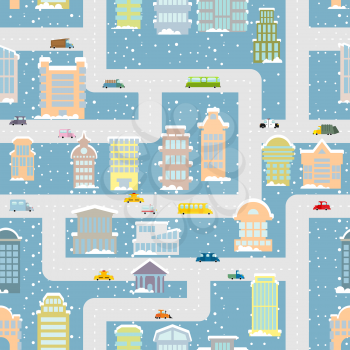 Winter city seamless pattern. Metropolis with Office buildings and transport. Skyscrapers and public property. Snow falls. Roof of  home covered with snow. Map of winter urban texture. Ornament for ba
