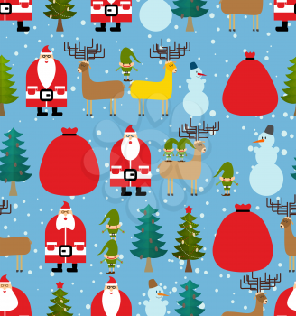 Christmas pattern. Background of snowfall. Decorative winter ornament. Santa Claus and reindeer. Gifts and snowman. New year set of background. Texture for childrens holiday fabrics