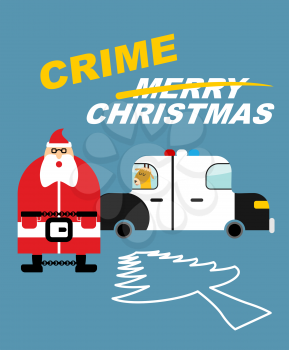 Crime Christmas. Santa Claus in handcuffs. Deer sits in  police car. Killing tree. Silhouette Christmas tree is outlined in chalk on  pavement. Bad guys in new year. Detention of   new years character