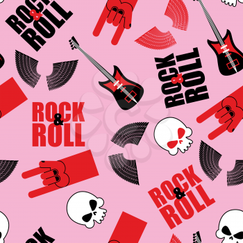 Rock and roll seamless pattern. Symbol of rock music. Background of guitars and wings. Rock hand sign and a skull. Texture to fabric.