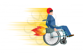 Wheelchair with turbo engine. Disabled fast rides. Man in Chair in Moto helmet. Turbine fire