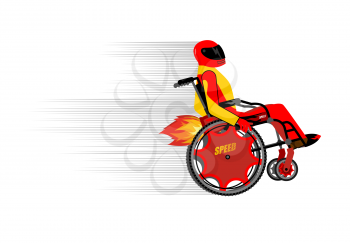 Disabled person in wheelchair wit turbo engine. Speed riding to racing. People in protective helmet and costume. Sports wheelchair race.