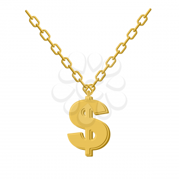 Gold dollar on chain. Decoration for rap artists. Accessory of precious yellow metal to hip hop musicians.
