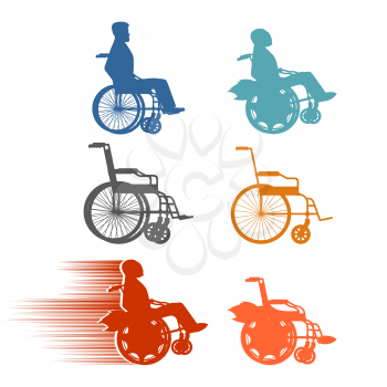 Set invalid. Collection of silhouettes of various disabilities and wheelchairs. Normal and high-speed wheelchair with turbo engine.