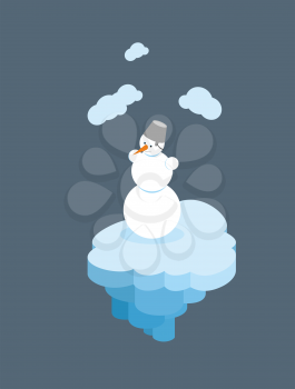 Snowman on  floating island. Christmas character on  piece of  iceberg. Snow man on an ice floe.
