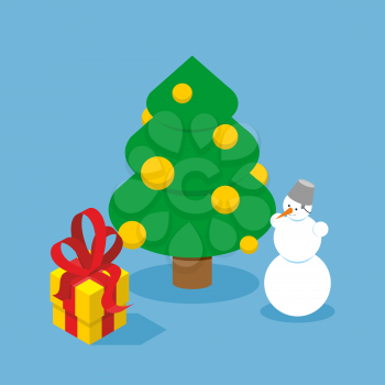 Christmas Tree and snowman. Gift box. Holiday tree adorned with Golden balls. New year snow character. Yellow box with red bow