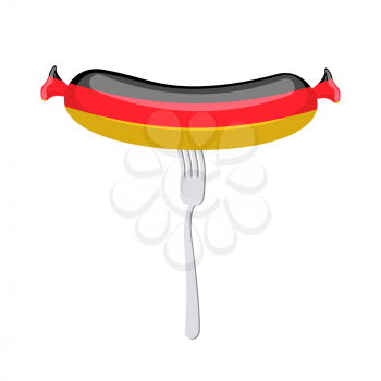 Germany banger. Sausage on a fork. Traditional delicacy in color of  flag. Vector illustration. Ppresent German quality.
