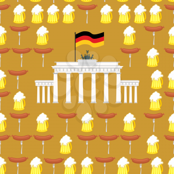 German seamless ornament. Symbols of Germany: beer and sausages.  German flag and  Brandenburg Gate. Vector background.