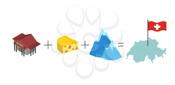 Symbols of Switzerland. Mathematical formula: Bank and cheese plus Alps as well the map and flag of Switzerland. Vector illustration
