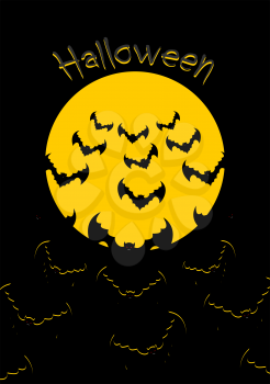 Halloween. Bats and moon. Bunch of scary animals flies from yellow planet. Terrible night sky

