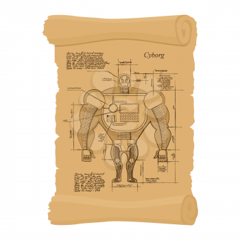 Old scheme of cyborg. Ancient scroll of human Scheme of  robot. Archaic architectural project. Design of Android on ancient papyrus. Secret Invention of Leonardo da Vinci. Vintage document
