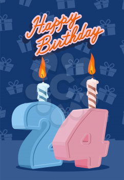 Happy birthday card with 24th birthday. Vector illustration