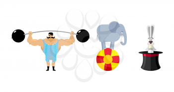 Circus set elements. Vintage circus strongman. Retro athlete with a barbell. Ancient bodybuilder. Circus elephant on ball. Wild animal jungle in circus. Hat for focus. Bunny in magic hat.
