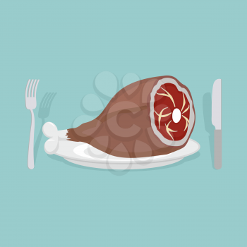 Ham on a plate. Cutlery: knife and fork. Meat on bone. Delicacy meat pork and beef. Vector illustration.
