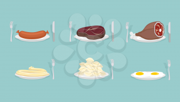 Meat food: Sausage and dumplings. Ham and steak. Scrambled eggs and pasta.  Food on  plate. Cutlery: knife and fork. Food for dinner, breakfast and lunch. Vector illustration.
