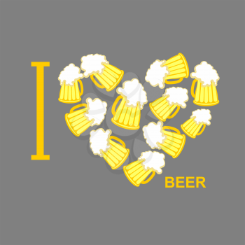 I love beer. Symbol heart of  steins of beer. Vector illustration for lovers of alcohol foam.
