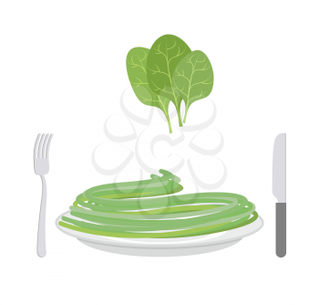 Green pasta with ingredient spinach. Spaghetti on a plate. Vector illustration of delicatessen food
