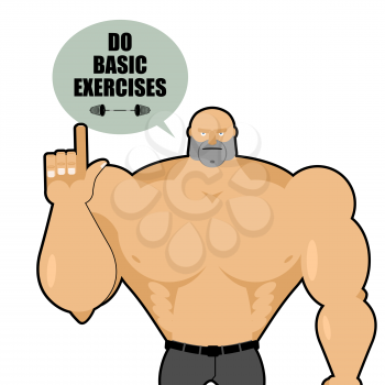Big strong man raised his finger up. Bodybuilder makes a gesture of attention. Athlete gives a tip: Do basic exercise. Poster for sports. Vector illustration