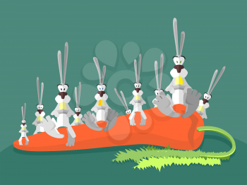 Rabbits and carrots. Many Happy hares sit on large carrots. Vector illustration
