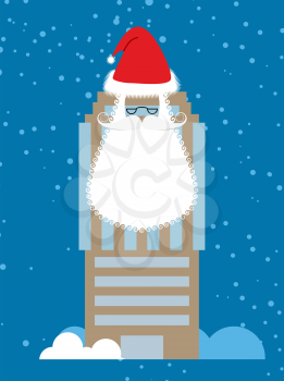 Building of Santa Claus. Skyscraper with beard and mustache. Christmas House. Office building with festive attire. Building prepared for new year

