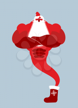 Genie Santa Claus. Magical Christmas spirit of holiday sock. Powerful old man with beard and mustache. Magic strongman fulfills wishes for new year.
