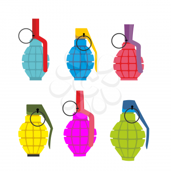 Set colored hand grenades. Fun colorful military ammunition. Army shells.
