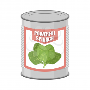 Powerful spinach. Canned spinach. Canning pot with lettuce leaves. Delicacy for vegetarians. Vector illustration
