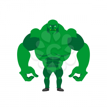 Green Goblin on a white background. Strong monster with large hands.  Vector illustration of storybook troll
