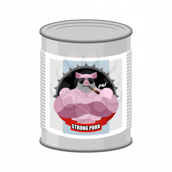 Canned pork. Canned food from a serious and strong pig. Steel Bank stew. Vector illustration of canned meat.

