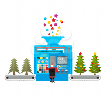Factory machine for release of beautiful Christmas trees. Tree for new year with ball and a star. Christmas decorations are automatically attached to tree. Automatic Christmas tree decorating.

