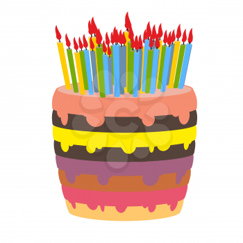Birthday cake and lots of candles. Burn  lot of candles. Sweetness for holiday. Beautiful confectionary product on white background.
