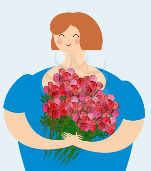Cheerful kind woman with bouquet of roses. Exciting fat girl with flowers.
