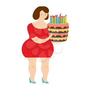 Birthday woman. Fat cheerful girl and cake with candles. Joyful woman and sweets, dessert.
