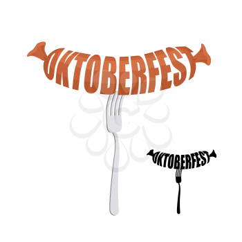 Oktoberfest. Text in form of sausages on a fork. Vector emblem for a Beer Festival.
