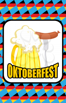 Oktoberfest. Mug of beer and Sausage on a background of blue rhombuses. Vector illustration