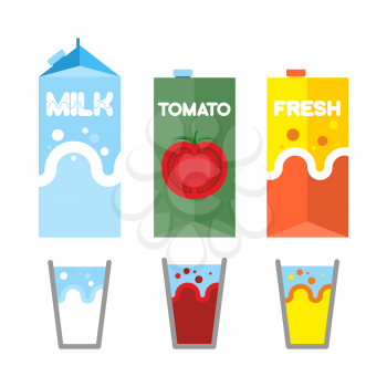Set drinks in package. Milk, tomato juice, and fresh. Glasses for drinks. Vector illustration