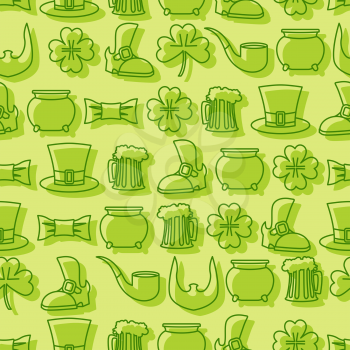Patricks day seamless pattern. Background for Irish holiday. Accessories for leprechauns. Pot of gold and hat cylinder. Pipe and mug of beer. Beard and an old shoe. Linear icons St. Patrick's day