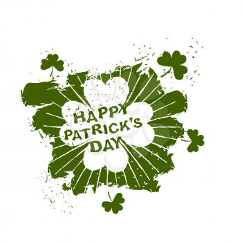 Happy Patricks day emblem grunge style. Four leaf clover clover. Trace of  brush. Logo fo  national holiday of Ireland
