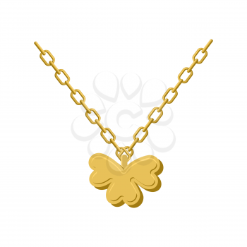 Pendant of Golden clover. Gold chain and pendant symbol of St. Patricks day. Logo for lucky winner. Decoration for national holiday in Ireland
