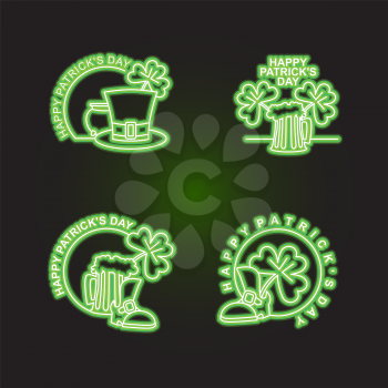 Set logo Patricks day. Neon sign shines in dark green. Characters of Irish holiday beer mug and clover. pint of ALE and leprechaun Hat. Emblem for Irish holiday St. Patrick's day.
