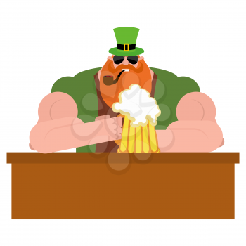 Leprechaun drinking beer. Big and serious leprechaun at  bar holds pint of ALE. Powerful magical midget with  big Red Beard. Green frock coat and hat cylinder. Illustration for  Irish holiday St. Patr