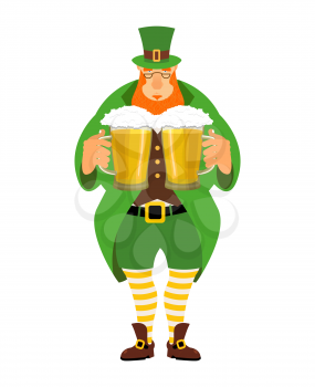 Leprechaun and beer. Good leprechaun keeps two mugs of beer. Cute old man in Green Hat cylinder. Old green jacket and striped leggings. Irish mythological hero for St. Patrick's Day March 17
