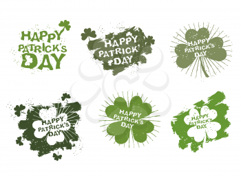 Happy Patricks day logo set in style of grunge. Trace of brush and Shamrock Clover. Clover with four leaves for lucky winner. Logo for traditional Irish celebration March 17
