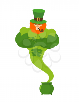 Genie leprechaun. magical spirit of St. Patrick's Day Green pot with gold. powerful old man wit Red Beard and smoking a pipe. Magic he fulfills desires. Illustration for Irish holiday March 17
