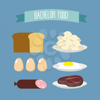 Bachelor food. Set of products for food unmarried men: meat, eggs, and meat dumplings. Vector illustration

