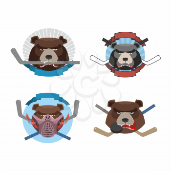 Hockey logo bear set. Muzzle animals with sticks for ice hockey team. Fierce and angry animals. Vector illustration logo
