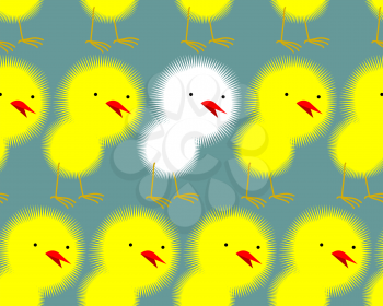 Yellow Chickens stand in a row and among them one white chick. Not like everyone else. Seamless vector background of little chickens
