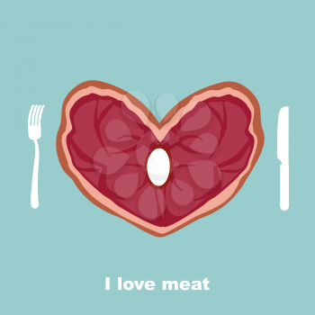 I love meat. Heart steak. Cutlery: fork and knife. A delicacy for lovers of pork and beef. Vector illustration