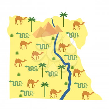 Egypt map. Characters and attractions of Egypt: pyramids and camels. Palm and snake. River Nile. Vector illustration.

